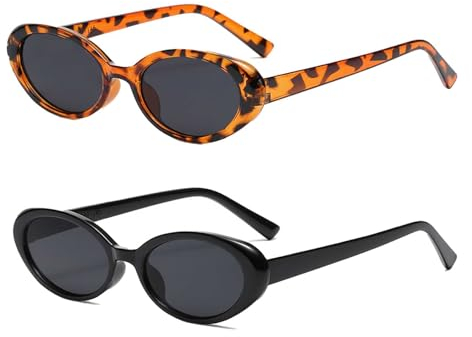 FUIPVGI 2 Stück Vintage Oval Sonnenbrille, Cateye Sonnenbrille Damen, 90er Retro Sonnenbrille für Damen Herren, Party Sonnenbrille, Kleine Schmal Retro Oval Sonnenbrille Gläser