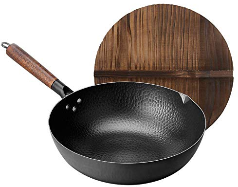 Pot, Home 32Cm Wooden Handle Traditional Wok Super Scrambled Eggs Pan-Free Pan Wok Pans