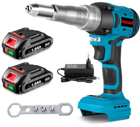 ONEVAN rivettatrice a batteria, 20.000 N pistola per rivetti, rivettatrice elettrica automatica brushless con 2 batterie, per rivetti da 2,4-5,0 mm