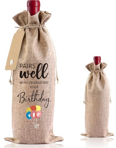 SIWOKJJO Birthday Bottle Bags Wine Gift Bag Cotton Wine Bag Wine Bottle Bag with Label and Rope, Drawstring Bottle Bag Bottle Gift Bag for Friends, Family, Coworkers