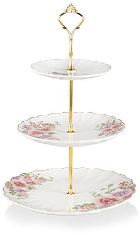Sweejar Home 3 Tier Ceramic Cake Stand, Tiered Wedding Dessert Cupcake Stand for Tea Party Food Server Display (Rose Flower)