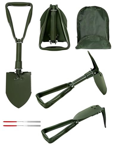 Pelle pliante de 47 cm - Pelle à neige pliable avec houe, pelle pliante de camping - Très résistante - En acier au carbone - Pelle pliante pour l'extérieur, la neige, le jardin, le camping - Olive