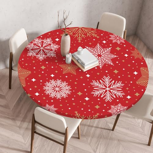 Treer Tischdecke Outdoor Rund, Rosa Weihnachtstag Drucken Lotuseffekt Tischdecke Abwaschbar Elastisch Rund Gartentischdecke, für Neujahr, Esstisch Parteien Tischdecken (110cm,Schneeflocke)
