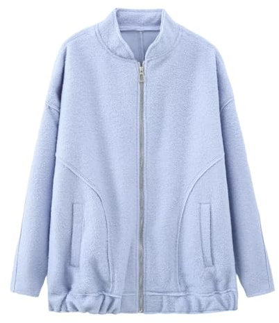 QINQNC Damen Warme Fleecejacke Damen Vintage Arbeits Damen Winter Einfarbig Reißverschluss Mit Langärmelige Pilotenjacke Damen Ohne Kapuze wasserdichte Lederjacke Womens (Blue, L)