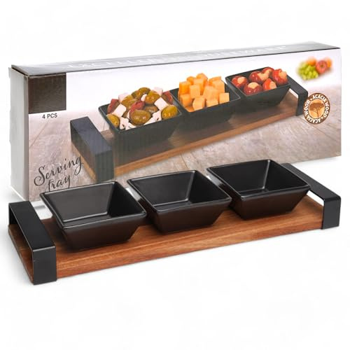 MIJOMA 4-teiliges Servierset – Edles Akazienholzbrett mit 3 Keramikschalen – Perfekt für Tapas, Dips, Käse & Snacks – Stilvolle Tischdekoration