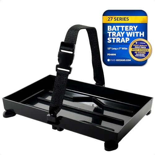 Five Oceans Marine Battery Tray for Group 27, Black, 13 x 7 - Boat Battery Holder with Hold-Down Strap for Boat, Fishing Boat, Yatch, Trailer, RV - FO-4896