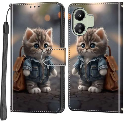 Salanheo Cover per Xiaomi Redmi 13C 4G / 13C 5G, Gatto | Pelle Portafoglio, Magnetica Custodia, Antiurto Flip Case, Slot per Schede, Funzione Stand