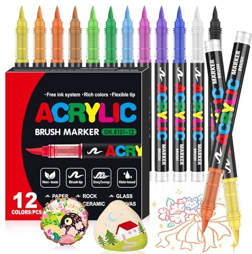WOGOPRO 12 Farben Acrylstifte für Steine Wasserfest, 1-5mm Pinsel Acrylmarker, Acrylic Marker Set für Holz, Leinwand, Stein, Keramik, Glas, Stoff, Acrylstifte Paint Marker für Ostern und Weihnachten