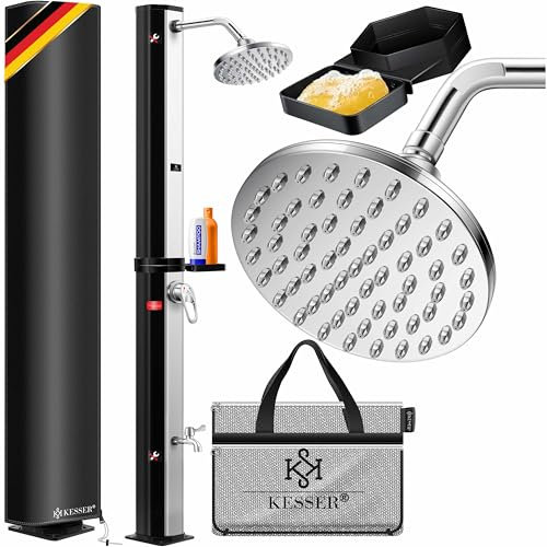 KESSER® Douche solaire de jardin, 40 l, avec étagère de douche en métal et capot de protection, eau chaude, max. 60 °C, pommeau de douche à effet pluie et robinet, noir/argenté