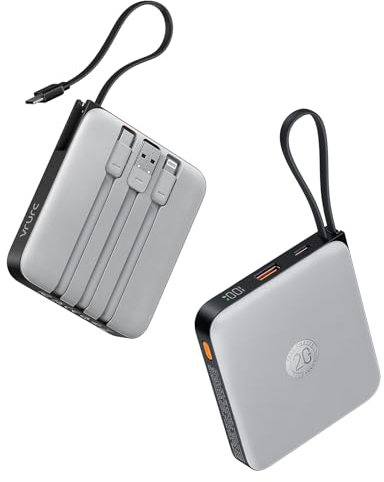 VRURC Power Bank mit Kabel 10000mAh Klein USB C Powerbank Schnelles Aufladen 22.5W Mini Tragbares Ladegerät Externer Akku Klein Aber Stark akkupack LED-Anzeige Kompatibel mit iPhone Huawei (Grau)