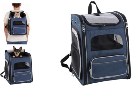 Hunderucksack - Rucksack Manfred Blau – 31x33x43cm – Polyester – Abnehmbarer Boden – Sicherheitsleine – 4 Taschen – Schultergurte – Taillengurt – Rollklappe – Standfüße