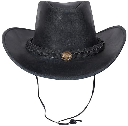 URBAN 5884 Cappello da Cowboy in Vera Pelle, Cappello Western Uomo/Donna in Vera Pelle Bovina, Tesa Modellabile e Sottogola Regolabile
