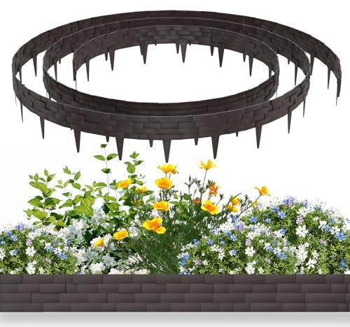 NAIZY Rasenkante Kunstoff 5 m Beeteinfassung Steinimitatziegel, Beeteinfassung mit Stifte Mähkante biegbarer schneibar Natürlich Gartenpalisade 100x20cm/Stück Beetzaun, Braun