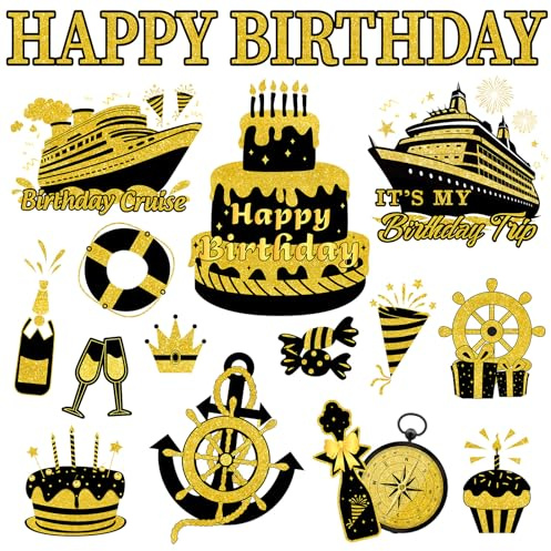 JarThenaAMCS 16Pcs Birthday Cruise Door Magnets Decoration Black Gold Happy Birthday Cruise Ship Funny Stateroom Magnetic Stickers for Cabin Ship Car Refrigerator Carnival Party Supplies