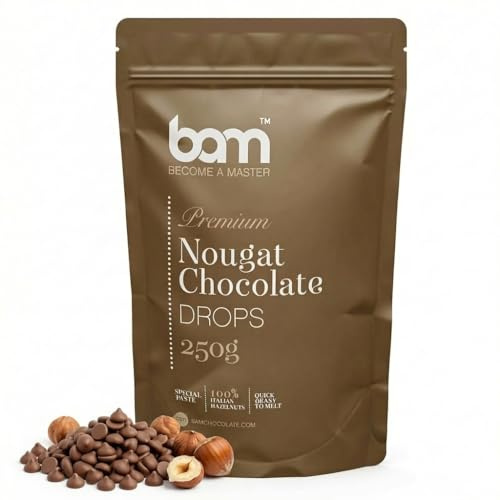 BAM Pépites de Chocolat – Chocolat Blanc avec arôme pour Desserts, Ganaches, Crèmes – Chocolat Pâtissier Raffiné, (Nougat Chocolat 250 g)
