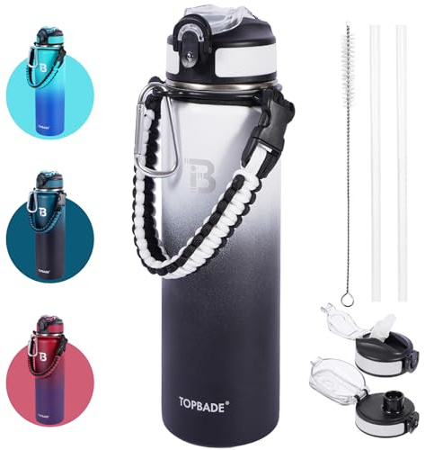 TOPBADE Trinkflasche Edelstahl 1L mit Strohhalm Deckel und Chug Deckel, 1000ml Auslaufsichere Doppelwand Wasserflasche mit Abnehmbarer Paracord Griff für Schule, Fitness, Outdoor, Fahrrad(Schwarz We