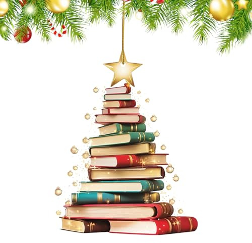 Weihnachtsbaum Anhänger, Weihnachtsbaum Form Bücherregal Anhänger, Weihnachtsbaumschmuck Lustig, Bücher Gestapelt Ornament, Acryl, Christbaumschmuck für Weihnachten Deko