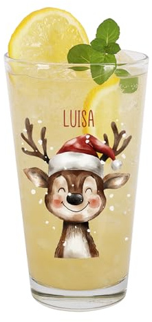 Herz & Heim® Personalisiertes Trinkglas zu Weihnachten – 300 ml Leonardo Glas – Geschenk & Tischdeko für Weihnachten – Winterliche Gläser mit Namensaufdruck – Weihnachtsmotive (Rentier)