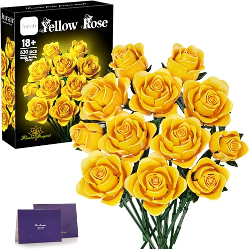 Jurair Gelbe Rose Botanical Blumenstrauß Bausatz für Erwachsene | 530 Teile Klemmbausteine, Valentinstagsgeschenke für Frauen Ehefrauen & Freundinnen, Heim- & Büro Dekoration