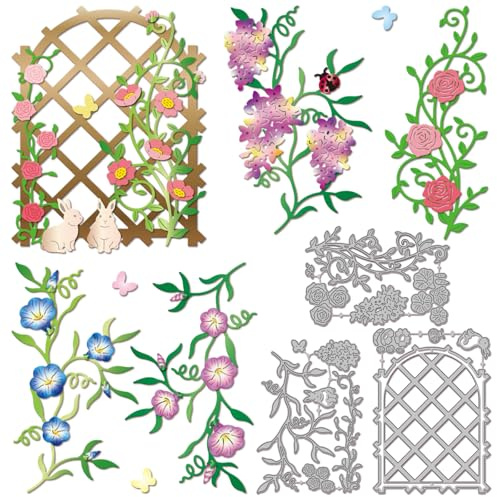 GLOBLELAND Frühling Blumenranken Metall Stanzschablone Rankgitter Fenster Papierpräge Stanzschablonen Set Rosen Prunkwinden Stanzformen für Kartenherstellung DIY Papier Scrapbooking Handgefertigtes