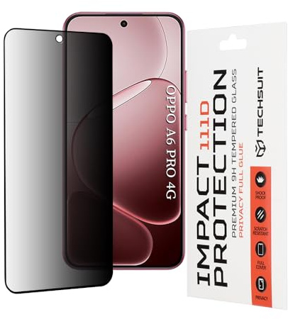 Techsuit Displayschutzfolie für Oppo A6 Pro 4G, Oppo A6 Pro 5G Privacy Gehärtetes Glas mit Anti Spion Technologie, 9H Härte, Anti Fingerabdruck, Einfache Installation, 111D Privacy Full Glue