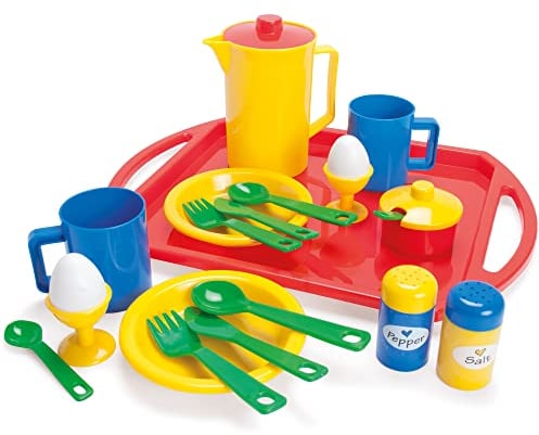 Dantoy - Breakfast Set with Tray - Role Play - Toy Set - Play Kitchen - 23 Pieces - Accessories - From 2 Years - Tableware Set – Fun Multi-Colours in Plastic - Dishwascher Safe - Made in Denmark