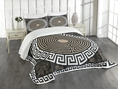 ABAKUHAUS Greek Key Tagesdecke Set, Griechische Fret und Welle, Set mit Kissenbezug Waschbar, für Einzelbetten 170 x 220 cm, DunkelBraune Kokos Nuss