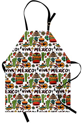 ABAKUHAUS Mexikaner Kochschürze, Cartoon Cactus Salsa, Unisex-Küchenlätzchen mit verstellbarem Hals für Kochen Gartenarbeit, 67 cm x 80 cm, Grün Orange