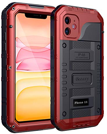 Beeasy iPhone 11 Case Red, Waterproof Shockproof Tough Heavy Duty, with Built-in Screen Protector 360 Degree Full Body Military Protective, Drop Proof Metal Rugged Cover for Outdoor Sport