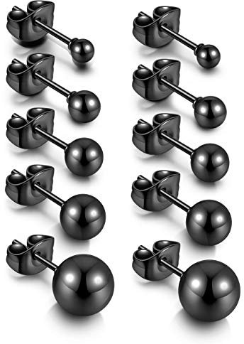 Jovivi 5 Paires Boucles d'oreilles Boule Clou d’Oreille en Acier Inoxydable Piercing Boucles d'oreilles Noir Boule 3mm-7mm.