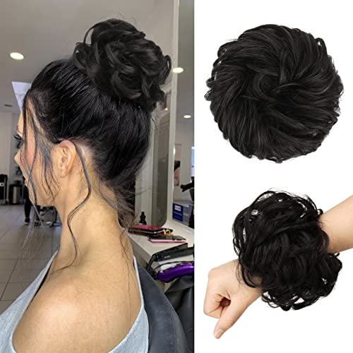 FESHFEN Haarteil Mit Gummiband, Groß Dutt Haarteil Haargummi Mit Haaren Gelockt Haardutt Synthetisch Haarverlängerung Pferdeschwanz Haarteile für Damen Mädchen, Schwarzbraun 55g