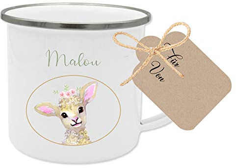 Manufaktur Liebevoll Emaille Tasse Kinder Geschenk personalisiert Kindertasse Schaf Geschenk mit Name Kinder Geburtstagsgeschenk Tasse (Motiv “Malou Schaf”)
