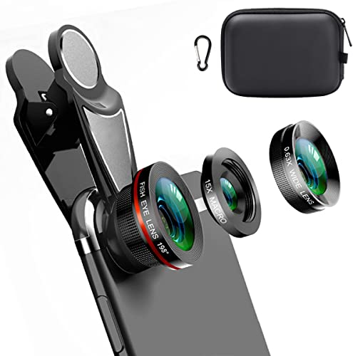 3 in 1 Handy Objektiv Kit , Clip-On Kamera-Adapter - Fischaugenobjektiv (198° Fisheye ) + Weitwinkel (0,63x Wide) + Makroobjektiv (15x) für iPad, iPhone, Samsung, Android und die meisten Smartphones