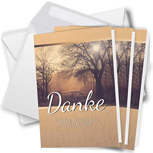 Danksagungskarten Trauer – 10 Klappkarten mit Umschlägen – Motiv: Waldweg orange – Trauerkarten Danksagung mit Text – Dankeskarten Trauer nach Beerdigung