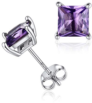 ChicSilver Silber Quadrat Ohrstecker mit Zirkonia Damen Mädchen Paar Ohrstecker mit Amethyst Geburssteine Beste Geschenk für Geburtstag Weihnachten