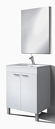 Dmora - Meuble sous lavabo NewYork, Meuble de salle de bain, armoire 2 portes avec miroir, 60x45h80 cm, Blanc brillant