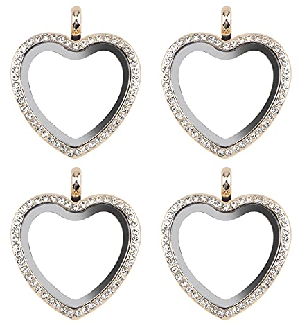 WANDIC Ciondolo portafoto con strass, 4 pezzi, oro rosa, a forma di cuore, con cristalli, per bouquet da sposa, per 2 foto