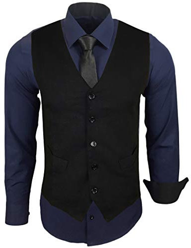 Baxboy Herren Hemd mit Weste Krawatte Anzugs Sakko Business Hochzeit Freizeit Hemden Frack Herrenweste Set wählbar B-44-HWKR, Farbe:Marine, Größe:4XL