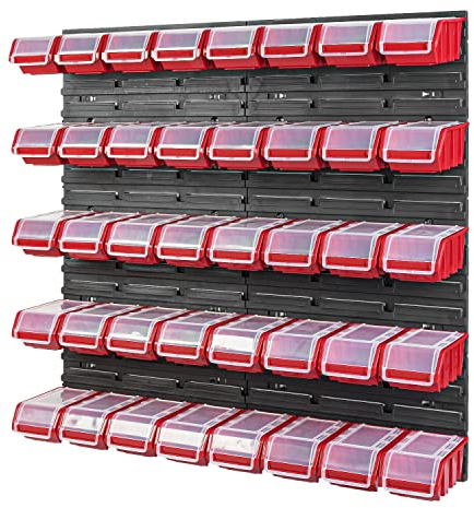 PAFEN Stapelbox Wandregal - 772 x 780 mm - Lagersystem 40 Stück Boxen mit Deckel - Lagerregal Sichtlagerkästen Schüttenregal, Rot