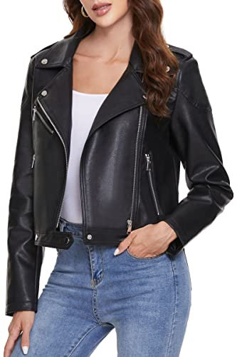 Fahsyee Chaqueta de piel sintética para mujer, con cremallera, para motocicleta, pantalón corto de poliuretano para motociclista, abrigo ajustado, O_negro, Large