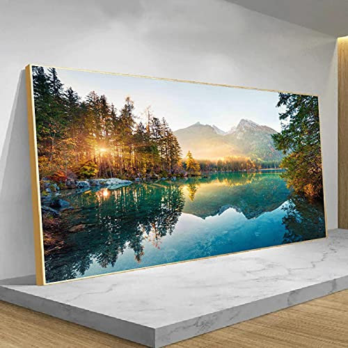 HengYun ART Großes modernes Poster Natur Landschaft Alpen Berg Leinwand Gemälde Sonnenschein Wald See Bilder für Schlafzimmer Dekor 50x100cm rahmenlos