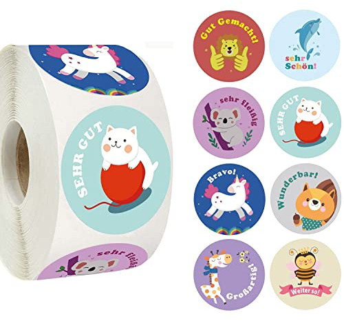 Motivationsaufkleber für Kinder, 500 Stück 3.8cm Selbstklebende Runde Tier Belohnungsaufkleber Lehrer Belohnungssticker Belohnung Aufkleber mit 8 Süßer Tiere Lob für Schule Klassenzimmer