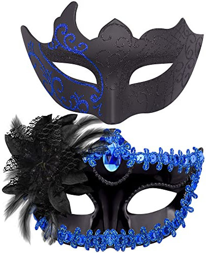 SIQUK 2 Stück Venezianischen Masquerade Maske Paar Maskerade Masken Damen Herren Venezianischen Maske für Halloween Karneval Party Kostüm, Schwarz & Blau