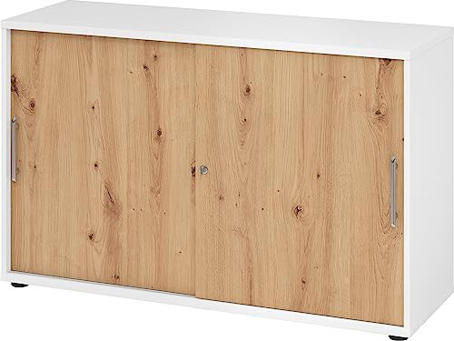 bümö Schiebetürenschrank 2OH - Aktenschrank abschließbar, Sideboard Schrank mit Schiebetüren in Weiß/Asteiche, Relinggriff - Büroschrank aus Holz mit Schiebetür, Büro Kommode für Ordner & Co.