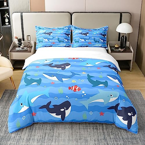 Ozean Leben 100% Baumwolle Bettbezug 135x200,Cartoon Hai Wal Bettwäsche,Bunte Unterwasser Welt Tröster Abdeckung,Abstrakte Geometrische Sea Wave Quilt Abdeckung,Seesterne Meerestiere Bettwäsche,Blau