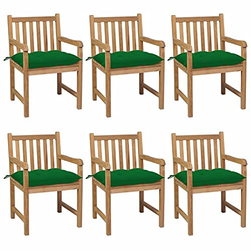 LAPOOH Gartenstühle 6 STK. mit Grünen Kissen, Gartenmöbel, Balkonstühle, Balkonmöbel, Bistrostuhl, Garten Stühle, Sit Möbel, Armlehnenstuhl, Massivholz Teak -at