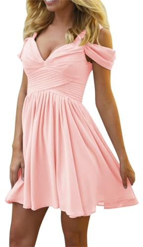 Robe de demoiselle d'honneur courte avec poches en mousseline plissée pour femme, rose, 36