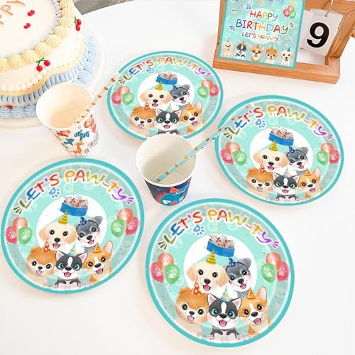 AINIUNIU Hund Partygeschirr Geburtstag Deko, Welpen Geschirr Pappteller Servietten, 20 Teller + 20 Servietten, Happy Birthday Deko Partyzubehör, Kindergeburtstag Party Babydusche, 20 Gäste