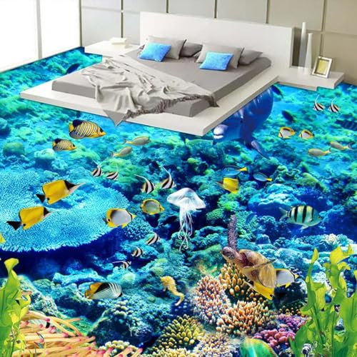 Selbstklebende Bodentapete 3D-Unterwasserwelt-Bodenbelag-Dekorations-Wandtapete, 350 * 245 cm Selbstklebend, Abnehmbar, Für Küche, Bad, Bodenteppich, Mattendruck, Epoxidharz