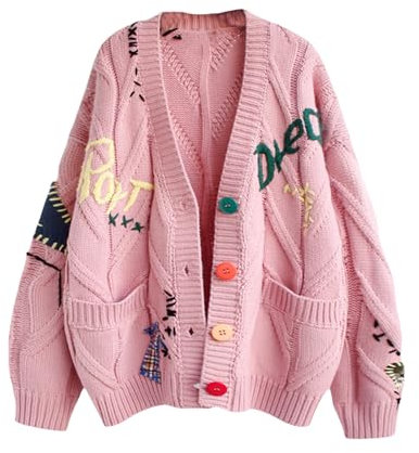 Yrkcah Womens Cardigan Long Sleeve Open Front Cardigans Button Down V Neck Ribbed Knit Lightweight Outerwear with Pocket Pink